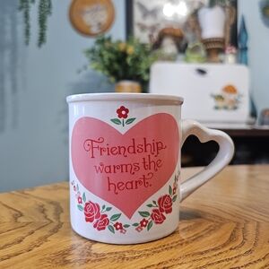 Vintage 80s 90s Floral Friendship Warms The Heart Mug Cute Handle Pink Gift
